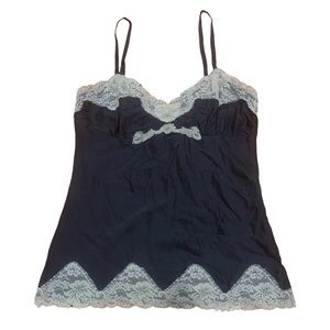 Y2k Express Design Studio Silk Black Cami with Cream Lace, Size M